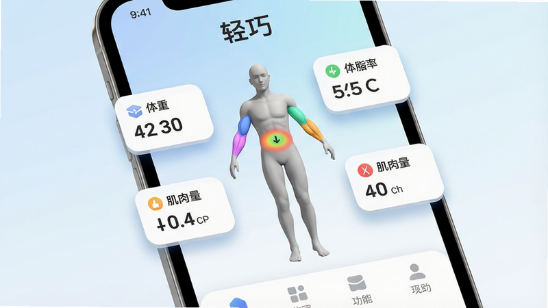 主体:一部手机屏幕显示轻巧APP主界面,界面中央是一个动态的人体模型,周围环绕体重、体脂率、肌肉量等数据卡片;背景为柔和渐变蓝白色;布局:上部为应用名称“轻巧”,中部为3D人体模型,下部为功能导航栏;风格:扁平化+微立体,干净清新;细节:数据卡片带圆角阴影,模型上有彩色高亮区域(如腹部、手臂)表示脂肪分布;画质:高清,无多余元素。
