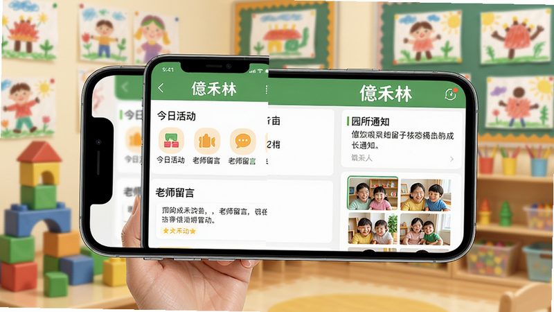 ���壺һλ�ҳ���ͨ���ֻ��ϵġ����֡�APP�鿴���ӵĳɳ����棬��������ܰ���׶�԰���ң��в�ɫ��ľ�ͻ滭��Ʒ�����֣��ֻ���Ļ���зŴ���ʾ�����֡����棬�Ҳ���԰��֪ͨ����ƬǽԤ�����Ű棺�ֻ�λ�ڻ�������ƫ�󣬱����黯������������ů���������дʵ�廭������ɫ�ʣ���ͯ�Ѻá�ϸ�ڣ��ֻ���Ļ����ʾ�����ջ���͡���ʦ���ԡ�ͼ�꣬�ҳ����΢Ц�����ʣ����壬�ɾ��޶���Ԫ�ء�