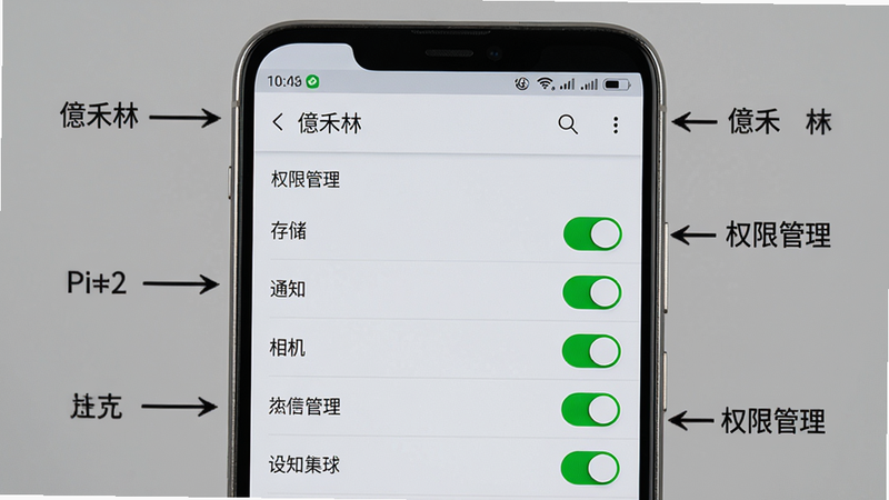 ���壺һ����׿�ֻ���Ļ��д����ʾ�����֡�APP����ҳ�棬ͻ����Ȩ�޹������б��������洢��֪ͨ������ȿ��ؾ�Ϊ����״̬�����֣��ֻ�������У�����Ϊ��ɫ����Χ�м�ͷ��ע���Ű棺����������Ȩ�޿��س���ɫ����񣺽�ͼ�Ӽ򵥱�ע����ʵ�С�ϸ�ڣ�����״̬����ʾʱ�䣬�ֻ��߿�Ϊ�����ʸС����ʣ����壬�޶���Ԫ�ء�