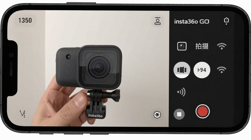 主体为手机屏幕展示Insta360 GO实时预览界面,布局左侧为相机画面,右侧有拍摄模式切换面板,风格扁平化UI,细节包括Wi-Fi信号图标和录制按钮,画质干净无多余元素