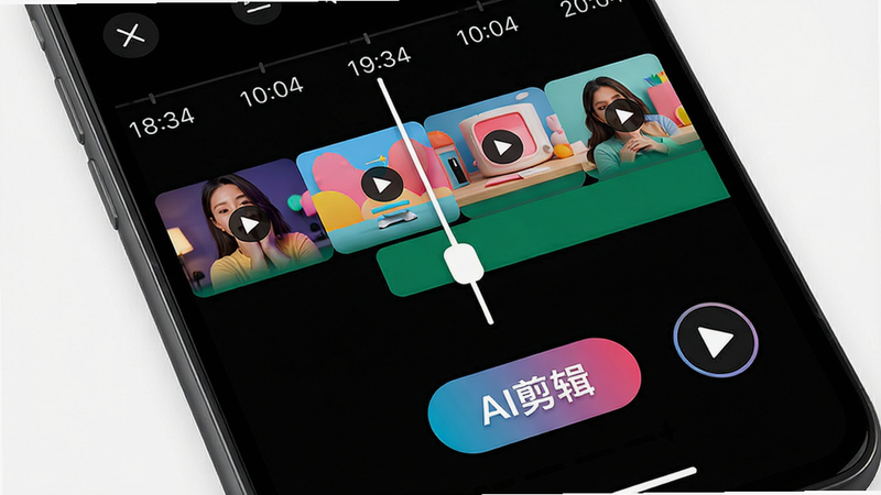主体为手机编辑界面,布局上方是时间线轨道,下方有“AI剪辑”按钮,风格色彩鲜明,细节包括剪辑后的视频缩略图、播放按钮,画质高清、无多余元素