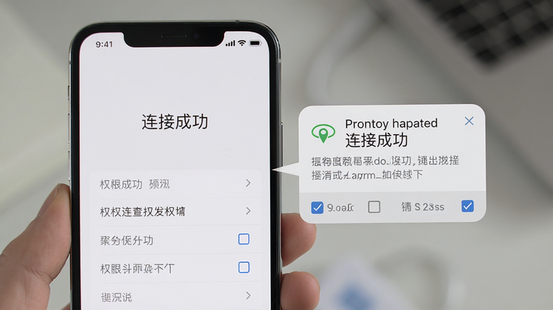 主体为一部手机屏幕上显示“连接成功”提示,旁边弹出的权限请求对话框,布局居中,风格写实,细节包括权限列表文字和勾选框,画质清晰干净