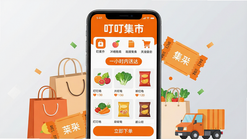 ���壺���������ֻ�Ӧ�ý��棬չʾ��Ʒ�б������ͻ��棻���֣����й�ͼ���ֻ���Ļռ�ݻ������ģ���Χ�й�������Ż�ȯ��Ԫ�أ��Ű棺���֡��������С���Ŀ��ʾ�ڶ������·�Ϊ��Ʒ����ͼ��͡�һСʱ���ʹ�������ִ���ƽ����ɫ����������ɫ��Ϊ��ɫ�Ͱ�ɫ��ϸ�ڣ��ֻ���Ļ����ʾ����ˮ�����߲ˡ���ʳ����Ʒ����ͼ���ײ��С������µ�����ť�����ʣ�����4K���ɾ��޶���Ԫ�أ�����Ϊǳ��ɫ����