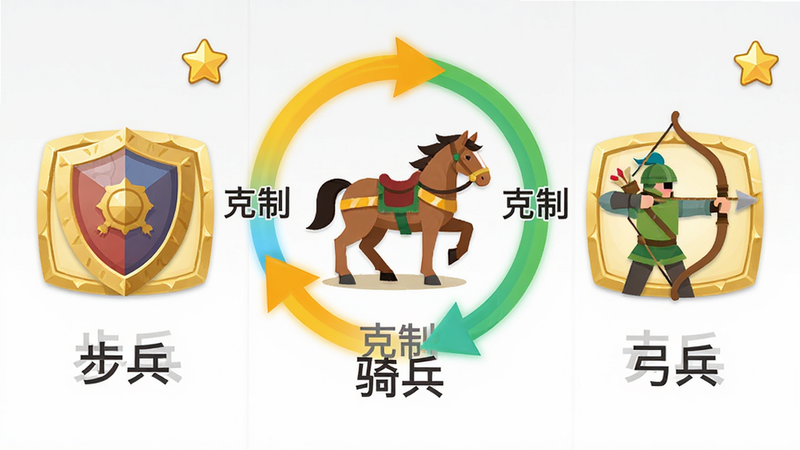 主体:三种兵种图标并排展示,步兵(盾牌)、骑兵(马)、弓兵(弓),中间用箭头循环连接,箭头旁标注“克制”。布局:中央对齐,三列等宽,箭头使用亮色。排版:UI界面风格,图标带金色边框。风格:扁平化,色彩鲜明。细节:图标下方标注汉字“步兵”“骑兵”“弓兵”,右上角加小星星代表品阶。画质:干净,无多余背景。