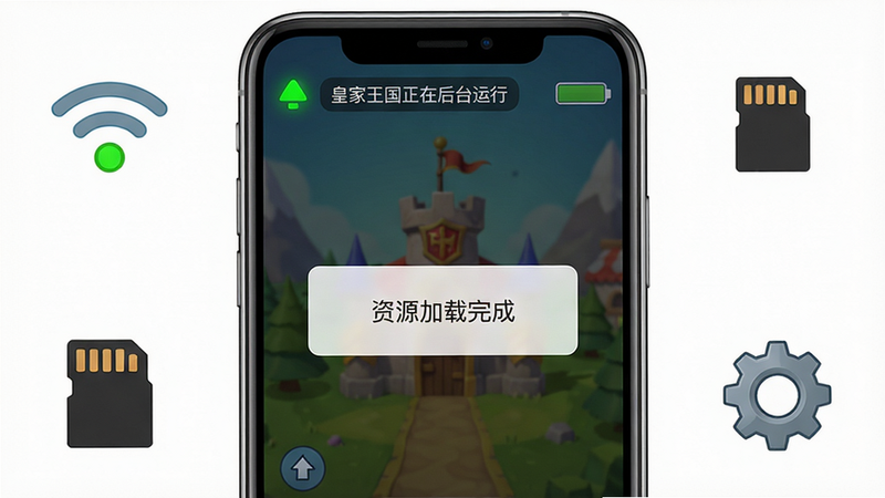 主体:手机屏幕显示游戏主界面,左上角WiFi信号图标亮绿灯,右上角电量充足,中间弹出“资源加载完成”提示框。布局:手机居中,周围有WiFi、存储卡、齿轮图标示意。排版:垂直构图。风格:UI截图风格。细节:通知栏显示“皇家王国正在后台运行”,界面干净无多余图标。画质:1080P,高保真。