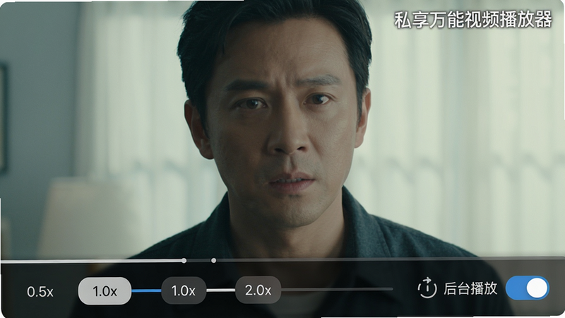 一张私享万能视频播放器倍速播放界面截图,播放器底部显示倍速调节按钮(0.5x, 1.0x, 2.0x等),同时有一个“后台播放”开关图标,背景是电影画面,右上角有“私享万能视频播放器”水印,风格简洁明亮,画质高清