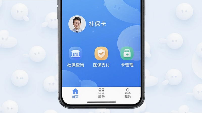 社保卡掌上通主界面预览图,展示APP首页布局,上方显示用户头像和姓名,中部有社保查询、医保支付、卡管理三大核心功能图标,底部导航栏包含首页、服务、我的,整体风格为蓝色渐变,简洁清新,画质高清,干净无多余元素