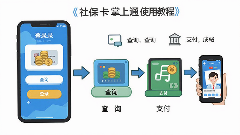 社保卡掌上通使用教程示意图,展示手机APP操作流程,包括登录、查询、支付等步骤,用箭头和文字标注,风格为卡通扁平化,画质清晰,干净无多余元素