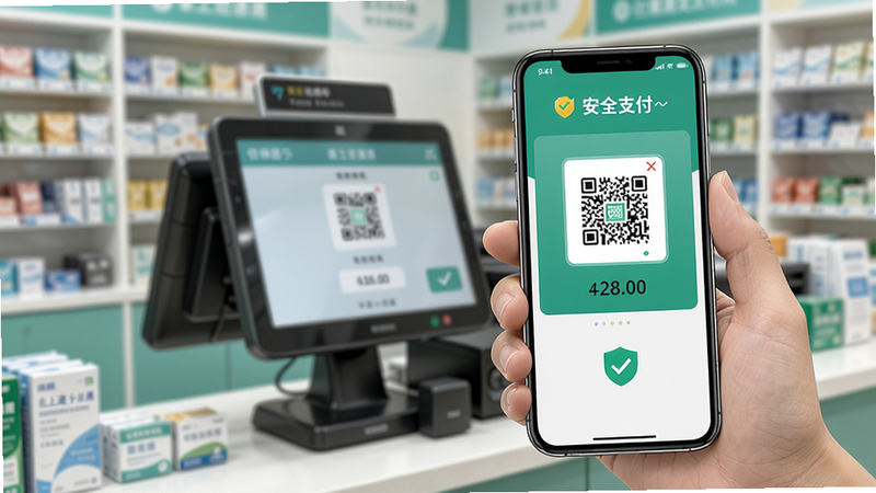 社保卡掌上通医保支付场景图,展示手机扫码支付界面,背景为药店收银台,手机屏幕显示付款码和金额,界面简洁,安全提示醒目,画质高清