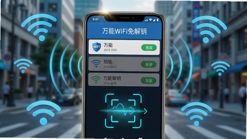 主体:一部安卓手机屏幕显示“万能WiFi免解钥”主界面,背景是城市街道,周围有多个WiFi信号图标。布局:手机居中,界面清晰显示WiFi列表和连接按钮。排版:简洁,手机屏幕上方有软件名称“万能WiFi免解钥”,下方有扫描动画。风格:写实+科技感,明亮色调。细节:手机边缘有光影,WiFi信号波纹动态效果。画质:4K超清,干净无多余元素。