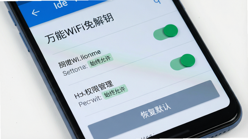 主体:手机屏幕显示“万能WiFi免解钥”设置页面,突出显示权限管理选项。布局:设置列表从上到下,权限开关为绿色。风格:Material Design,蓝灰色调。细节:权限开关旁边有“始终允许”标签,底部有“恢复默认”按钮。画质:高清,干净无多余元素。