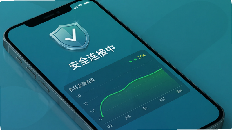 主体:手机屏幕显示“安全连接中”状态,旁边有盾牌图标。布局:盾牌图标位于屏幕左上角,下方有实时流量监控曲线。风格:安全主题,蓝绿色调。细节:盾牌上有“√”标志,流量曲线绿色平稳。画质:4K,干净清晰。
