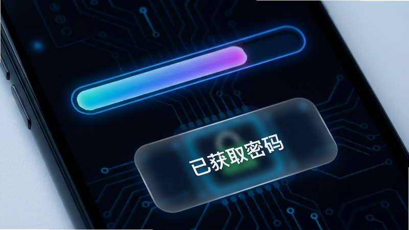 主体:手机屏幕显示破解进度条,下方有“破解成功”弹窗。布局:进度条从左到右填充,弹窗居中显示“已获取密码”。风格:科技感,深色背景配合蓝色光效。细节:进度条有渐变色彩,弹窗带有圆角和高斯模糊背景。画质:超清,无多余元素。