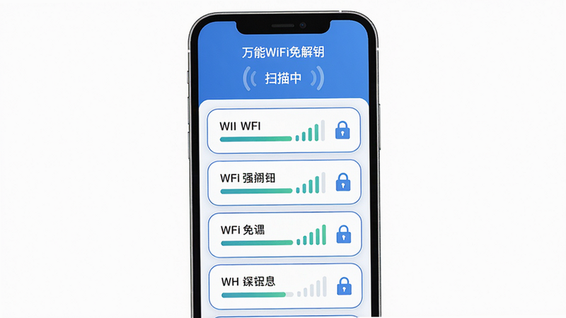 主体:手机屏幕显示“万能WiFi免解钥”扫描结果列表,顶部有“扫描中”动画。布局:列表从上到下排列多个WiFi名称,每个名称旁有信号强度条和加密锁图标。排版:手机居中,界面干净。风格:扁平化UI,蓝白配色。细节:信号强度条动态跳动,列表项有圆角边框。画质:高清,无多余元素。
