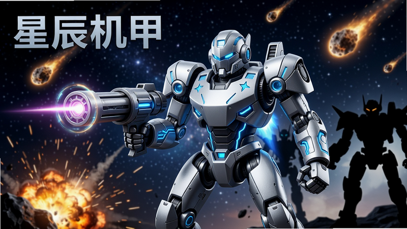 主体:迷你枪战精英-星辰机甲游戏场景,中央是一台银白色星辰机甲手持激光炮,背景是星空战场,有爆炸火花和坠落的陨石。布局:机甲居中,右侧有敌方机甲剪影,左侧显示“星辰机甲”字样。排版:文字置于左上角,字体为科技感无衬线体。风格:赛博朋克+科幻金属质感,高对比度光影。细节:机甲关节处有蓝色能量纹路,激光炮口有光晕。画质:8K超清,干净无多余元素。