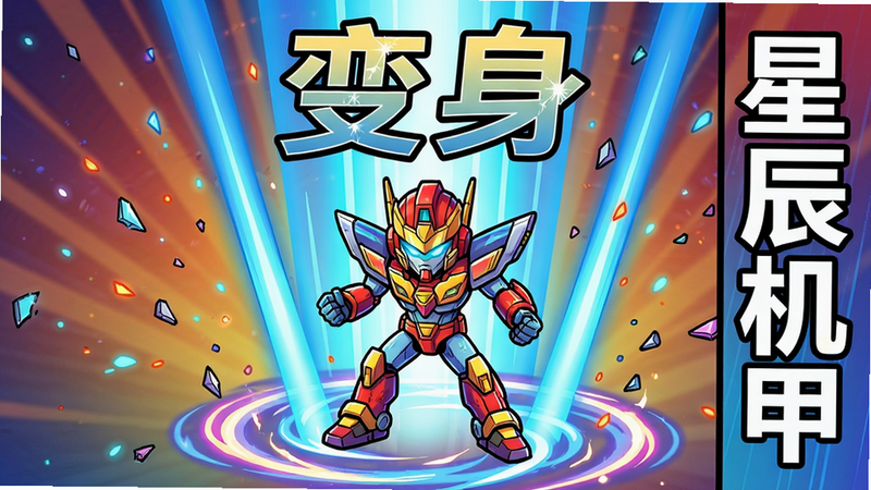 主体:迷你枪战精英-星辰机甲变身瞬间,角色周围爆发蓝色光柱,机甲从脚下向上包裹。布局:人物位于画面中心偏下,上方有“变身”字样特效。排版:文字“星辰机甲”垂直排列在右侧。风格:动态漫画风格,高饱和色彩。细节:碎片粒子飞散,角色脚下的能量环旋转。画质:清晰无噪点,干净。