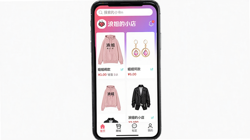 主体是一台手机屏幕显示浪姐的小店APP首页,顶部有搜索框和“浪姐的小店”Logo,中部为商品瀑布流展示姐姐同款卫衣、耳环等,底部导航栏分为“首页”“商城”“社区”“我的”。布局整洁,采用粉紫渐变主色调,风格清新活力,商品图片清晰,细节包括商品价格和销量数字,画质高清,干净无多余元素,屏幕上显示文字“浪姐的小店”预览图。