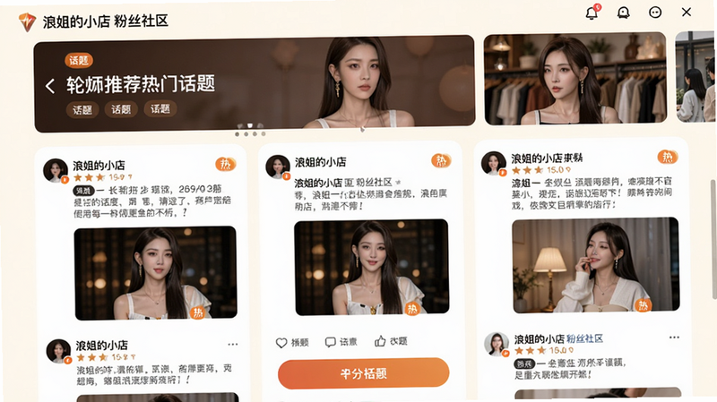 主体为浪姐的小店社区页面,顶部是轮播banner推荐热门话题,中部为帖子列表,每条帖子显示用户头像、标题、摘要和配图。底部有发帖按钮。布局采用卡片式,背景奶白色,风格温馨,细节有话题标签和“热”字标识,画质干净,屏幕显示“浪姐的小店 粉丝社区”预览图。