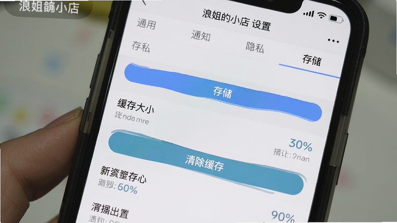 主体为手机屏幕显示浪姐的小店设置页面,顶部有“通用”“通知”“隐私”“存储”等菜单项,当前选中“存储”选项,下方显示缓存大小和“清除缓存”按钮。布局为列表式,简洁明了,风格与APP整体统一,细节有数据占用百分比,画质清晰,屏幕上显示“浪姐的小店 设置”字样。