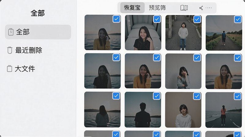 主体:手机照片恢复宝预览筛选界面,布局:分为左右两栏,左侧为分类筛选标签(“全部”“最近删除”“大文件”),右侧为缩略图网格,排版:网格布局,风格:现代iOS风格扁平设计,细节:每张缩略图右上角有勾选框,画质:高清,干净无多余元素。