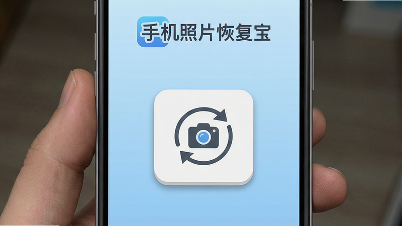 主体:手机照片恢复宝主界面截图,布局:居中显示一个简洁的扫描按钮,上方有“手机照片恢复宝”Logo文字,排版:扁平化设计,背景为浅蓝色渐变,风格:写实截图风格,细节:按钮有微弱阴影,图标是相机加循环箭头,画质:4K高清,干净无多余元素。