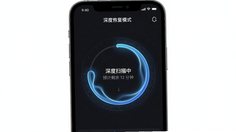主体:手机照片恢复宝深度恢复模式界面,布局:中央显示一个圆形进度动画,周围标注“深度扫描中 预计剩余 12 分钟”,排版:极简专注,风格:暗色主题科技感,细节:动画光晕流动,画质:4K,干净无多余元素。