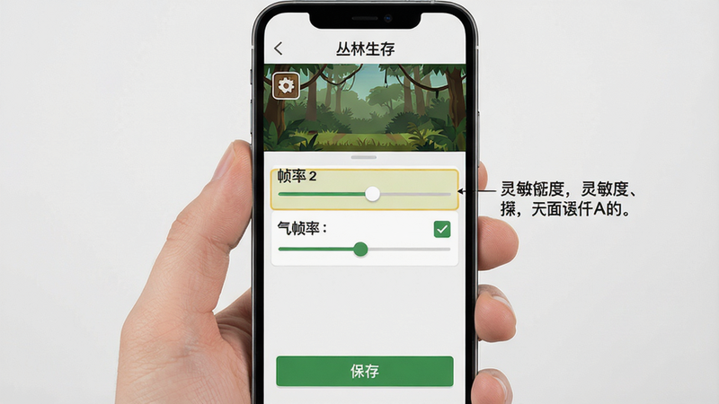 主体:手机屏幕显示《丛林生存》游戏设置界面,高亮“帧率”和“灵敏度”选项,旁边有文字说明;布局:居中竖屏,UI清晰;排版:模拟手机截屏;风格:简洁扁平,白色背景;细节:设置图标、滑动条、勾选框,下方有“保存”按钮;画质:高清,无多余元素。