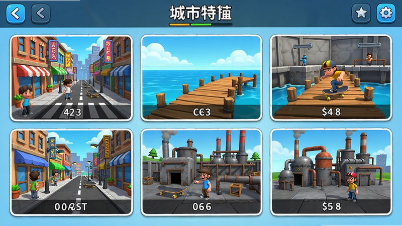 城市特技滑板游戏地图选择界面,显示多个城市场景缩略图,如繁华商业街、海边栈道、工业区,卡通渲染,色彩丰富,UI布局整齐,高画质