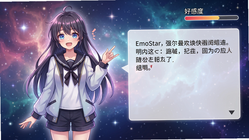 主体:角色EmoStar的立绘展示,旁边有剧情对话框;布局:左侧角色全身像,右侧对话框显示故事文本;排版:角色居中偏左,对话框右上角有“好感度”进度条;风格:日系动漫风格,柔光渲染;细节:角色表情生动,背景是星云渐变;画质:高清,无多余元素