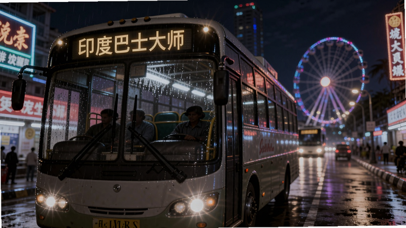 主体:巴士在夜晚的城市中行驶,车灯照亮路面,霓虹灯闪烁。布局:巴士在画面左下,远处有摩天轮和灯光。排版:车顶灯显示“印度巴士大师”。风格:夜景写实,光晕效果。细节:雨滴落在车窗上,雨刷器在动。画质:4K,干净无多余元素。