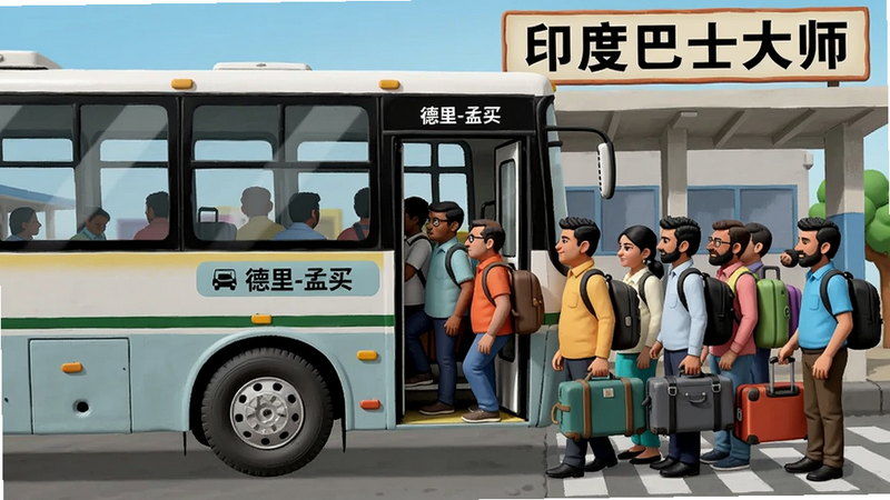 主体:巴士停靠在车站,一群乘客正在上车,背景有“印度巴士大师”招牌。布局:巴士侧面,车门打开,乘客排队。排版:车门上标注“德里-孟买”线路。风格:卡通写实结合,色彩明快。细节:乘客手持行李,表情各异。画质:干净,无多余元素。