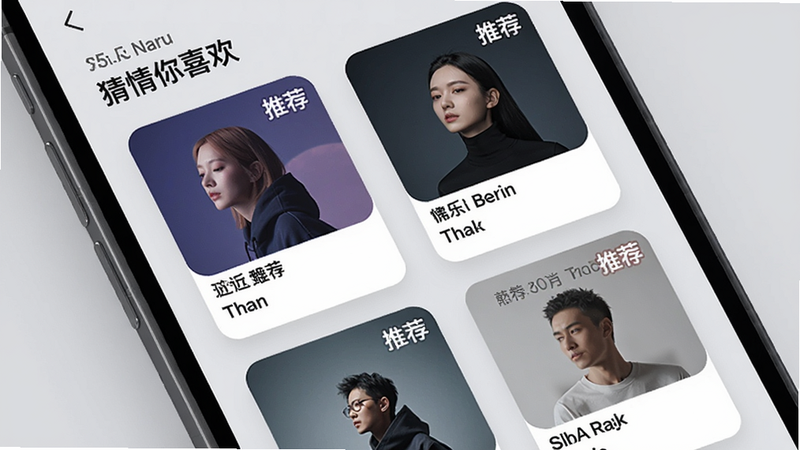 主体:手机屏幕显示恐怕音乐35.5的“猜你喜欢”推荐页面,以瀑布流卡片形式展示推荐歌曲和歌单。布局:手机竖屏,背景为浅灰色磨砂纹理,卡片圆角带阴影。风格:现代卡片式设计,细节:每张卡片右上角有“推荐”标签,画质:清晰、无多余元素。