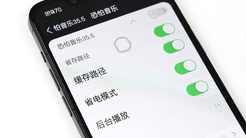 主体:手机屏幕显示恐怕音乐35.5的设置页面,突出“缓存路径”“省电模式”“后台播放”等选项。布局:手机居中,背景为纯白,列表清晰。风格:极简设置界面,细节:选项开关为绿色,字体清晰,画质:干净、无多余元素。