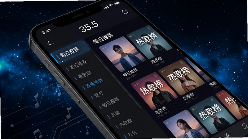 主体:手机屏幕显示恐怕音乐35.5的曲库分类界面,左侧为滚动分类列表,右侧为推荐歌单封面墙。布局:手机斜45度视角,背景为深色星空,排版层次分明。风格:科技感与音乐元素结合,细节:歌单封面带有“每日推荐”“热歌榜”字样,画质:细腻、干净、无多余元素。