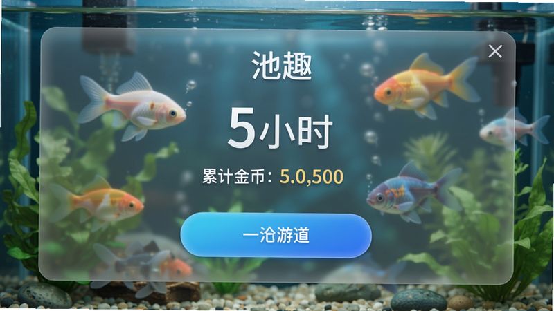 一个“池趣”游戏的离线收益结算界面,中央显示离线时长“5小时”和累计金币数量,背景为鱼缸特写,几条鱼在悠闲游动,界面采用毛玻璃效果,按钮为渐变蓝色,干净整洁,画质高清。