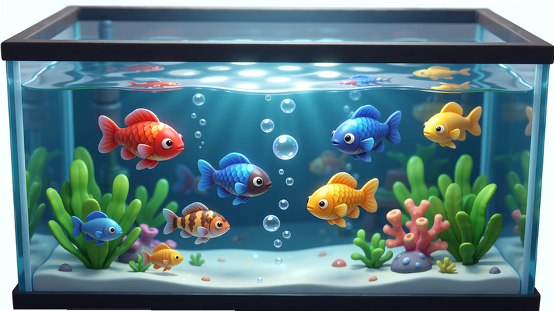 一个“池趣”游戏的水族箱全景,主体为透明玻璃鱼缸居中布局,内部游动着红、蓝、黄等多种颜色的鱼,缸底有翠绿水草和珊瑚,气泡从底部缓缓上升,水面折射出柔和光斑。风格为卡通治愈系,细节丰富,鱼鳞反光可见,画质高清,干净无多余元素。