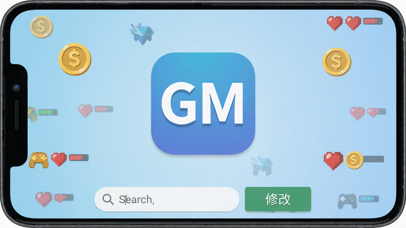 一张展示GM游戏助手在安卓手机上的主界面截图,手机屏幕中央显示软件图标'GM'字样,背景为淡蓝色渐变,界面简洁,下方有搜索框和修改按钮,周围有游戏金币和生命值图标点缀,风格扁平化,高清画质,干净无多余元素