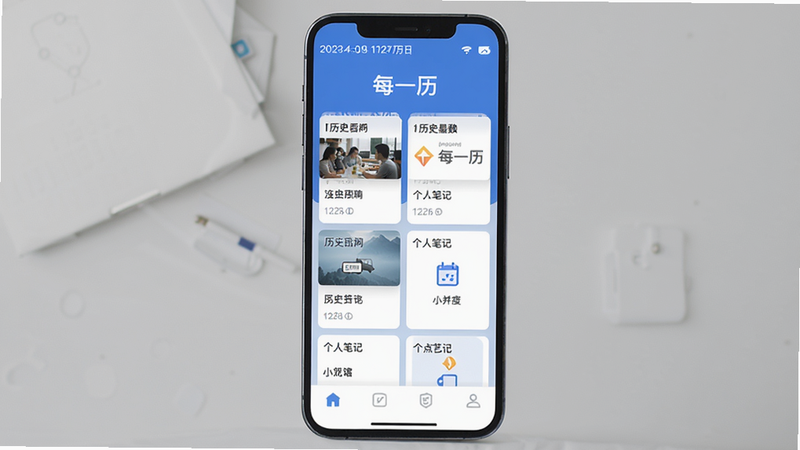 主体为手机屏幕展示每一历主界面,顶部日期显示,中部采用网格布局展示历史事件卡片与个人笔记入口,底部导航栏简洁。整体风格扁平化,主色调为蓝色与白色,文字“每一历”居中放置于顶部,画面干净无多余元素,高画质。