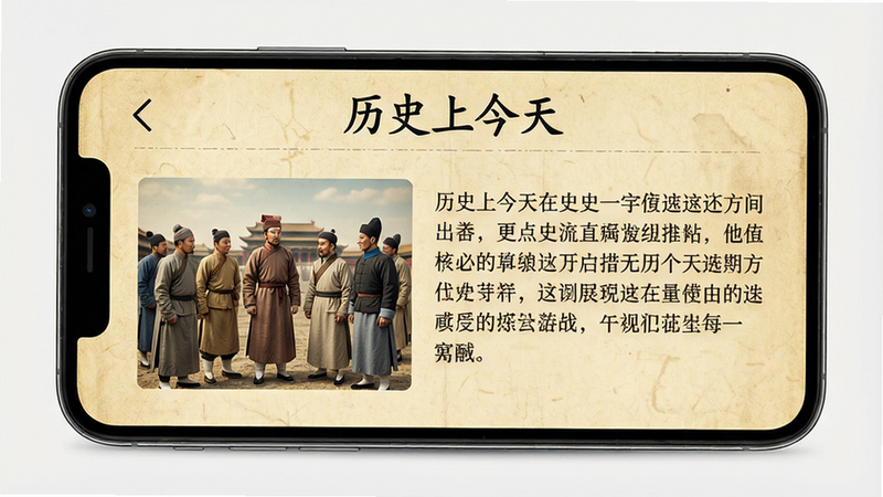 手机屏幕展示一张历史事件详情页,左侧为事件缩略图,右侧为文字描述,背景为淡黄色仿古纸纹理,顶部显示“历史上今天”标题,画面干净,高画质。
