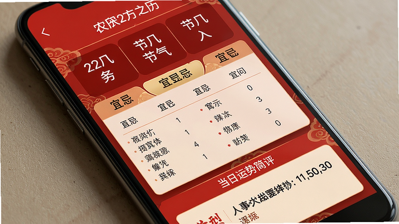手机屏幕展示黄历页面,红色为主色调,上方显示农历日期与节气,中间列出宜忌列表,下方为当日运势简评。布局规整,文字清晰,高画质无多余元素。