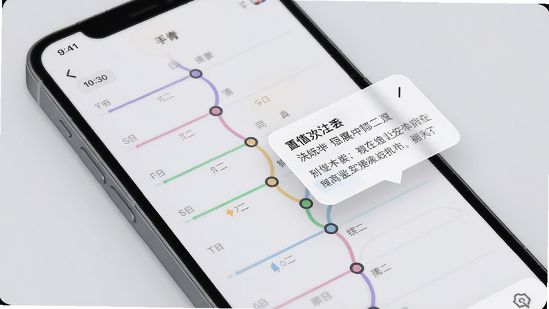 手机屏幕展示时间线视图,多条彩色时间轴并列,每个节点代表一天,点击后弹出详细预览。背景为浅灰色,线条柔和,画质细腻。