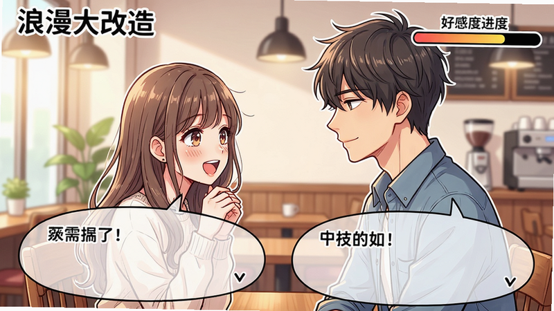 主体:浪漫大改造的对话场景,女主角与一位男性角色面对面站立,气泡中显示两个对话选项。布局:角色居中,对话气泡在画面下方。排版:右上角显示好感度进度条,顶部有场景名称。风格:日系漫画风格,线条流畅。细节:角色表情生动,背景为咖啡厅。画质:高清,无多余元素。