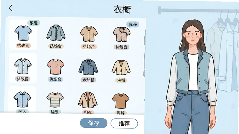 主体:浪漫大改造的衣柜界面,左侧竖排显示衣物图标,右侧一位模特展示当前搭配。布局:左半部分为物品列表,右半部分为预览区域。排版:顶部有“衣橱”标题,底部有“保存”和“推荐”按钮。风格:清爽插画风,淡蓝色背景。细节:衣物图标带有小标签(风格、场合),模特姿态自然。画质:高清,无多余文字或元素。