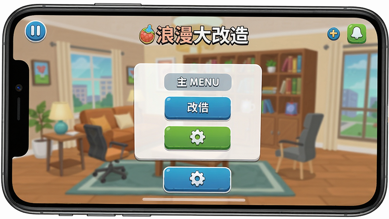 主体:手机屏幕上流畅运行浪漫大改造游戏,画面清晰无报错。布局:显示游戏主菜单界面,功能按钮完整。风格:实际游戏截图风格,色彩正常。细节:界面无延迟,菜单文字清晰。画质:高清,干净无多余元素。