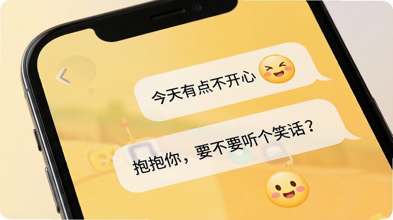 �ֻ���Ļ��д����ʾAI����������棬�û����͡������е㲻���ġ��������˻ظ��������㣬Ҫ��Ҫ����Ц�������Ի���ΪԲ����ƣ�������ů��ɫ���䣬����ɾ����࣬ͻ�����ֺͱ��飬���ʸ���