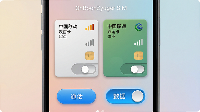 主体:手机屏幕显示OhBoonZyuger SIM的双卡切换界面,两张SIM卡并排展示,下方有“通话”和“数据”切换按钮;布局:居中对称,每张卡有运营商名称、信号图标和开关;排版:大按钮设计,触控友好;风格:拟物化与扁平结合,色彩柔和;细节:左卡显示“中国移动”,右卡显示“中国联通”,切换按钮高亮为蓝色;画质:高清细腻,无多余元素