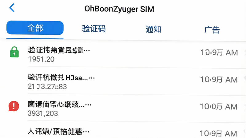 主体:OhBoonZyuger SIM的短信分类界面,顶部标签页分别为“全部”“验证码”“通知”“广告”;布局:标签式切换,下方为消息列表;排版:每条消息左对齐,显示发件人和时间;风格:极简白色背景,蓝灰文字;细节:验证码类消息左侧有绿色小锁图标,广告类有红色感叹号;画质:高清,无多余元素