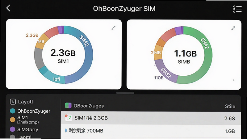 主体:OhBoonZyuger SIM的流量监控界面,显示两张SIM卡各自的流量使用情况,以环形图呈现;布局:上部分环形图,下部分列表显示各应用流量;排版:左侧为图例,右侧为数据;风格:数据可视化,色彩丰富但不刺眼;细节:SIM1已用2.3GB,剩余700MB,SIM2已用1.1GB;画质:高清,无多余元素