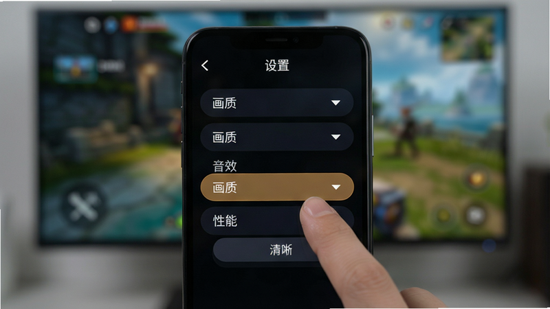 主体:手机屏幕显示游戏设置界面,画质选项下拉菜单,背景虚化;布局:手机居中,屏幕内显示设置菜单;排版:菜单有“画质”、“音效”、“性能”等选项,当前选中“画质”高亮;风格:简洁的UI设计,颜色以深色为主,按钮有圆角;细节:手指正在点击“画质”选项,屏幕顶部有返回箭头;画质:清晰,无多余元素;文字:设置页面顶部标题“设置”,选项“画质”旁有下拉箭头。
