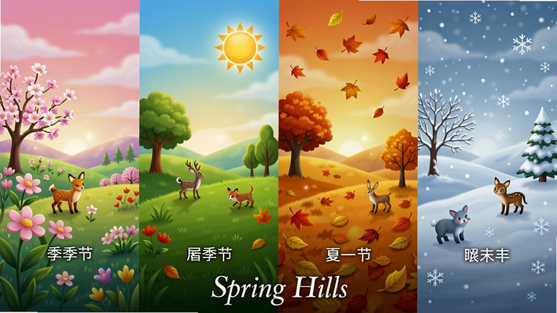 主体:四个不同季节的山丘场景并排展示,从左到右依次是春、夏、秋、冬;布局:四格拼接,每个场景有代表性的颜色和元素;排版:画面均匀分布,每个场景下方标注季节名称,背景为渐变天空;风格:唯美插画风格,色彩饱和度高,带有朦胧感;细节:春天有花朵,夏天有太阳,秋天有落叶,冬天有雪花,每个场景有不同的小动物;画质:精细,无多余元素;文字:场景名称如“Spring Hills”位于底部,字体优雅。